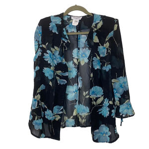 Women's Miss Dorby Sheer Open Front Blouse, Size 14, Black & Blue Floral